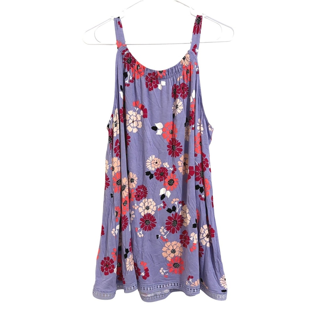 Lane Bryant Purple Floral Sleeveless Swing Top Crochet Trim Blouse 14/16